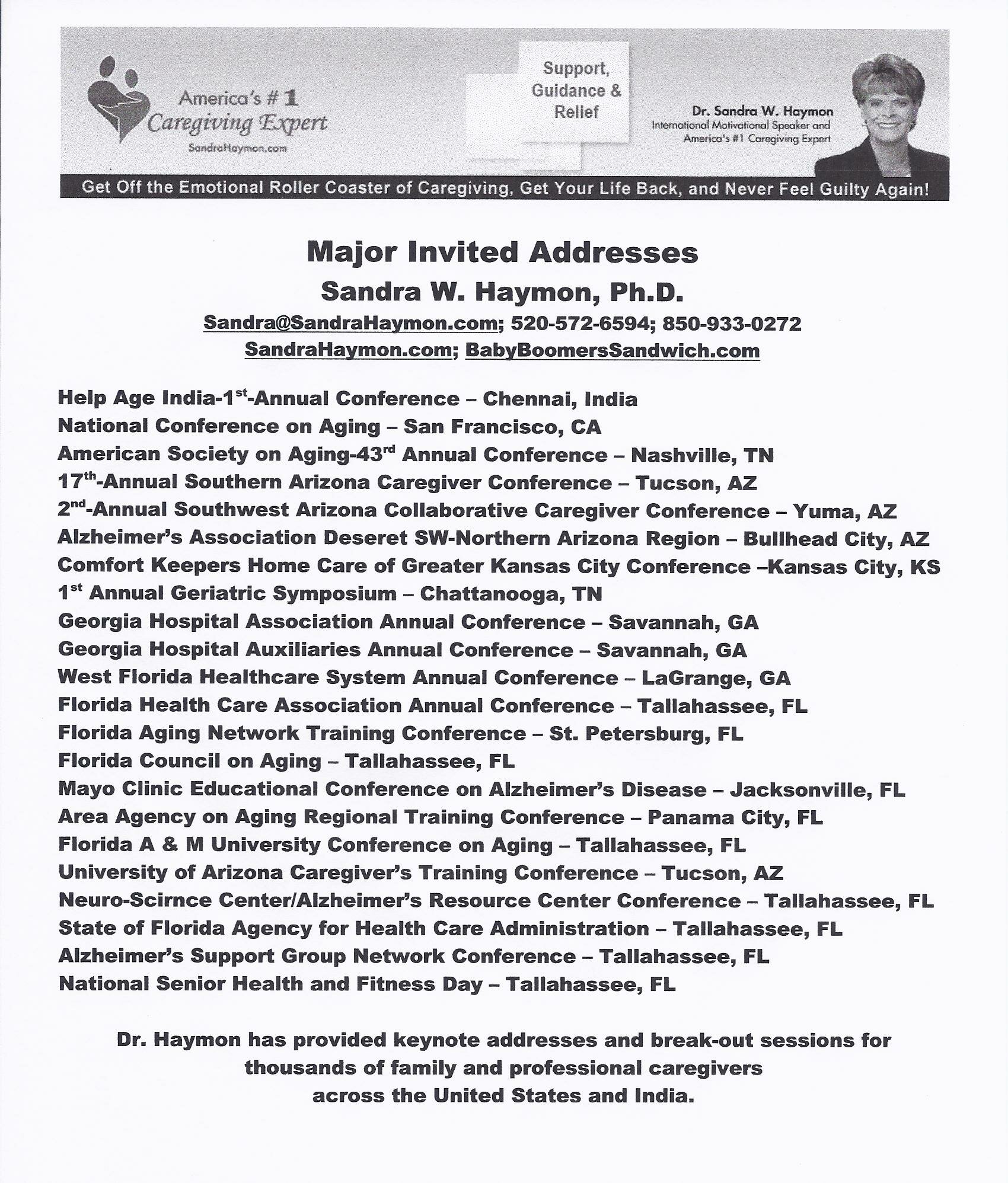 Major Invited Addresses of Dr. Sandra W. Haymon, Ph.D.